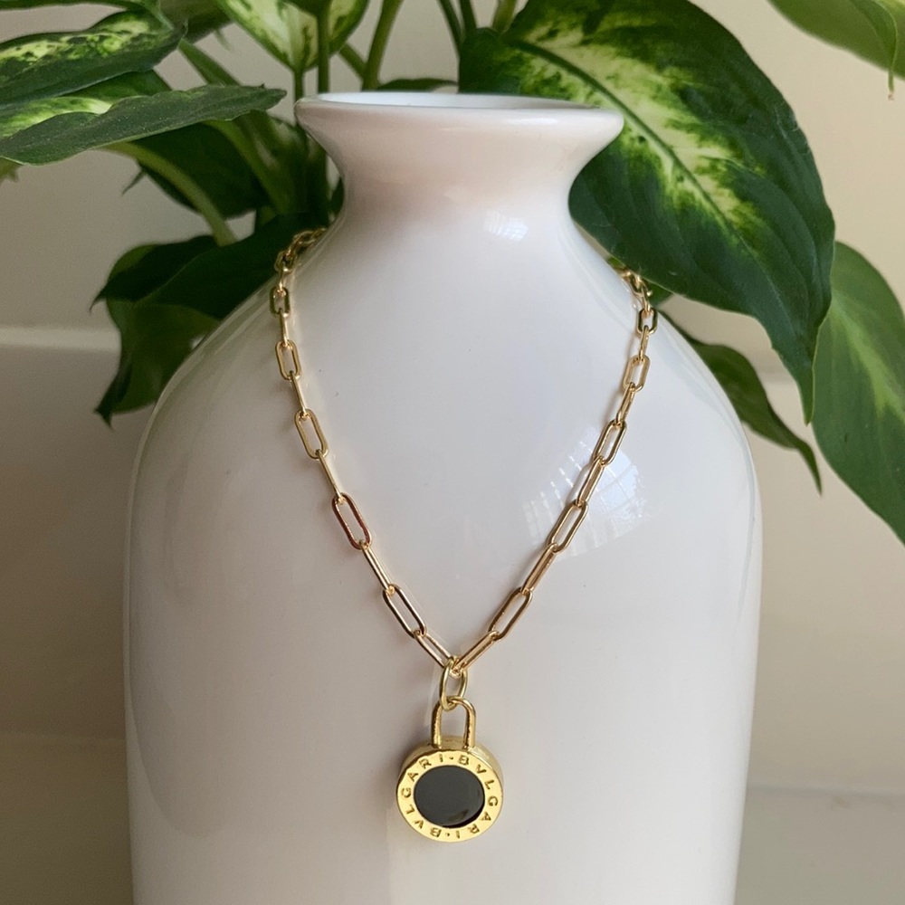 Bvlgari charm on paperclip chain necklace